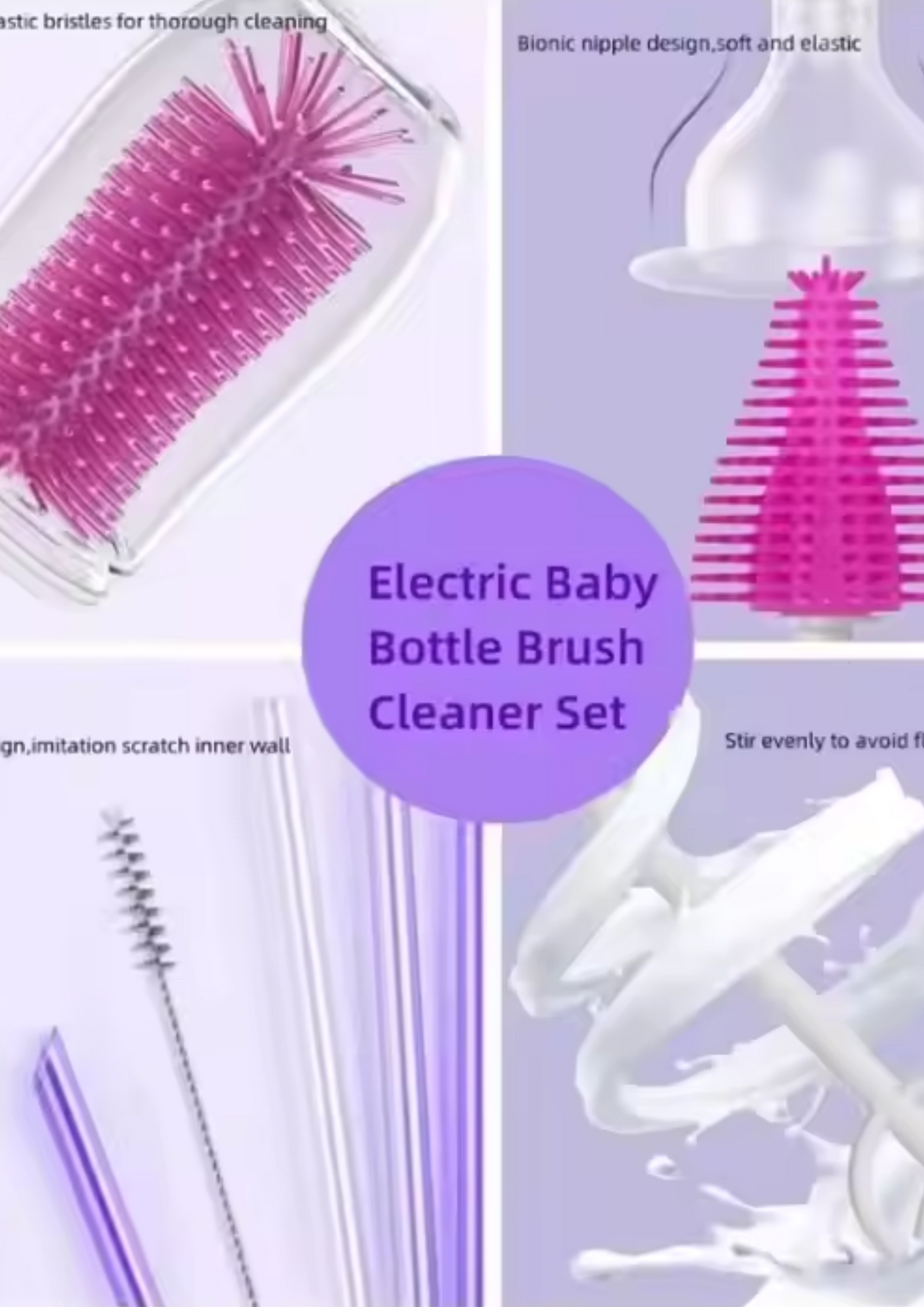 Electric Rechargeable 360 Rotate Bottle Brushes Kit for Baby Bottle Nipple Straw Brush Set with Storage